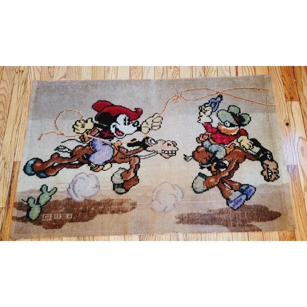 1930s Vintage Two Gun Mickey Mouse Wool Rug Disney Cowboy 27"x42" Disneyana RARE